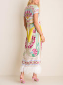 Art Nouveau Floral Feather Hem Midi Dress