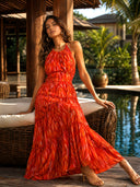 Elegant Halter Neck Abstract Print Tiered Maxi Dress