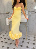 Elegant Sweetheart Ruffle Hem Satin Maxi Dress