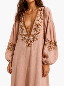 Casual Floral Embroidered Deep V Neck Puff Sleeve Maxi Dress