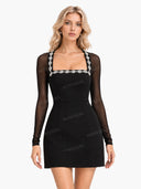 Elegant Crystal-embellished Mesh Sleeve Mini Dress
