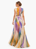 Elegant Abstract Watercolor Print Ruched Waist Maxi Dress