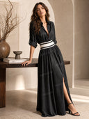 Casual Collared Single-Breasted Waist-Drawn Maxi Dress