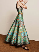 Retro Paisley Print Square-Neck Flared Maxi Dress