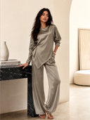 Retro Embroidered Waist Belt Satin Shirt & Harem Pants Set
