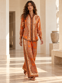 Retro Paisley Print Long Sleeve Shirt & Pants Two-Piece Set