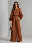 Elegant Floral Long-Sleeve Top and Wide-Leg Pants Two-Piece Set