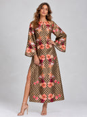 Floral Check Print Bell Sleeve Maxi Dress