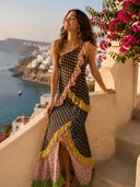 Unique Colorful Print Tiered Ruffle One-Shoulder Top Two-Piece Set