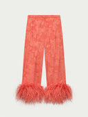 Elegant Feather Trim Jacquard Wrap Blouse & Pants Two-Piece Set