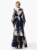 Elegant Abstract Floral Print Sheer Chiffon Maxi Dress