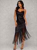 Elegant Ivory Fringe Cowl Neck Midi Dress