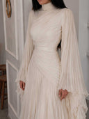 Elegant Pleated High-Neck Cape Sleeve Chiffon Maxi Dress
