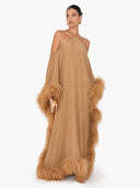 Elegant Halter Off-Shoulder Feather-Trim Maxi Evening Dress