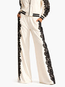 Casual Contrast Lace Bomber Jacket & Wide Leg Pants Two Piece Set
