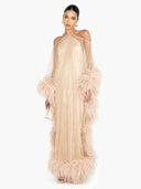 Luxury Sequined Feather Trim Cape Sleeve Maxi Dress