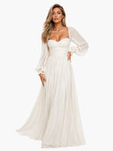 Bohemian Pleated Waist Puff Sleeve Chiffon Maxi Dress