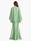 Satin Cape Sleeve Peplum Mermaid Maxi Dress Set
