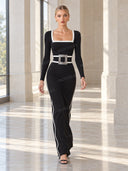 Elegant Black And White Trim Square Neck Long Sleeve Tight Maxi Dress
