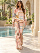 Casual Artistic Print Zip-Up Shirt & Wide-Leg Pants Two-Piece Set