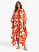 Elegant Self-Tie Satin Print Flowing Kaftan Maxi Dress