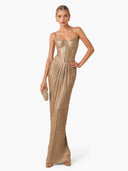 Elegant Pleated Metallic Tie-Waist Party Slit Gown Maxi Dress