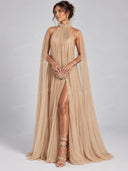 Pleated Cape High Neck Slit Maxi Dress