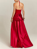 Elegant Halter Top & Draped Satin Maxi Skirt Two-Piece Set