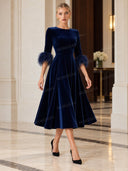 Elegant Velvet Feather Cuff Midi Dress