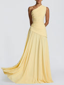 Elegant One-Shoulder Ruched Chiffon Tie-Waist Maxi Dress