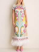 Art Nouveau Floral Feather Hem Midi Dress