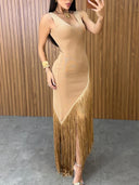 Elegant V-Neck Fringe Maxi Dress