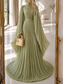 Elegant Pleated High-Neck Cape Sleeve Chiffon Maxi Dress