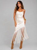 Elegant Ivory Fringe Cowl Neck Midi Dress