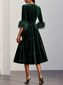 Elegant Velvet Feather Cuff Midi Dress