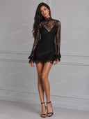 Sexy Sheer Lace Long Sleeve Mini Dress