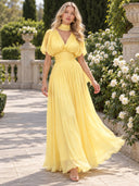 Elegant Pleated V-Neck Cape Sleeve Maxi Dress