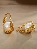 Pearl Drop Woven Gold Hoop Earrings