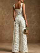 Exquisite Floral Jacquard Belted Wide Leg Jumpsuit