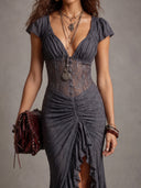 Sexy Lace Waist-Ruched Midi Dress