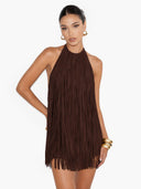 Halter-Style Tassels Faux Suede Mini Dress