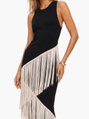 Elegant Asymmetrical Fringe Trim Bodycon Maxi Dress