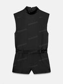 Minimalist Mock Neck Shoulder Pad Belted Romper
