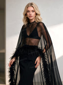Elegant Sheer Feather Trim Top & Mermaid Maxi Skirt Two-Piece Set