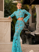 Elegant Turquoise Shell Lace Two-Piece Set