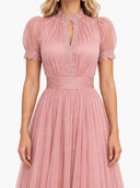 Elegant Lace Trim Pleated Chiffon Maxi Dress