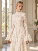 Elegant High Neck Floral Lace Flare Sleeve Maxi Dress