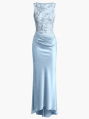 Elegant Blue Embroidery Satin Crew Neck Sleeveless Sheath Maxi Dress