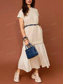 Casual Belted T-Shirt Drop Waist Pleated Maxi Dress