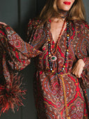 Retro Paisley Print Faux Fur Collar Maxi Dress